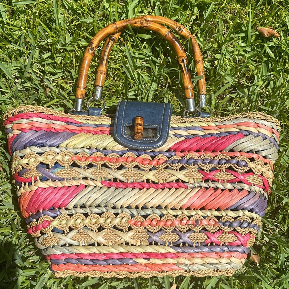 Blue Miami Straw summer bag-inside zipper for cards/cell ph